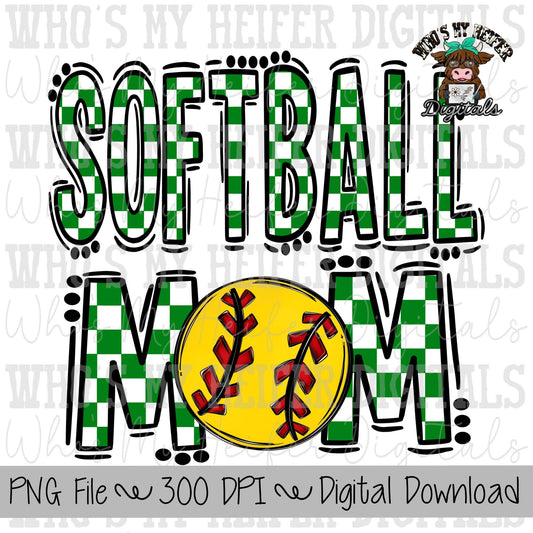 Green and White Softball Mom PNG Hand Drawn Softball Mom Sublimation Design Game Day Shirt Design Checkered T- Ball Mama Digital Download