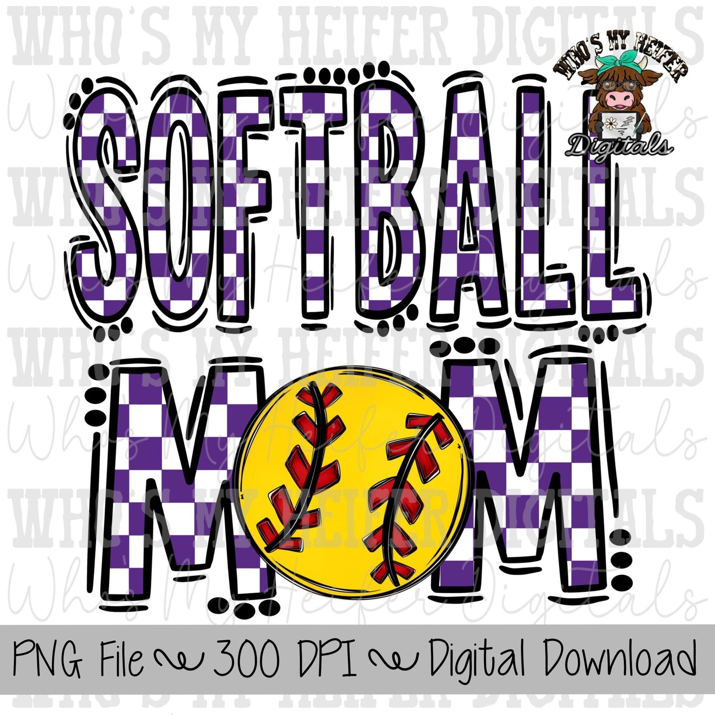 Purple and White Softball Mom PNG Hand Drawn Softball Mom Sublimation Design Game Day Shirt Design Checkered T- Ball Mama Digital Download