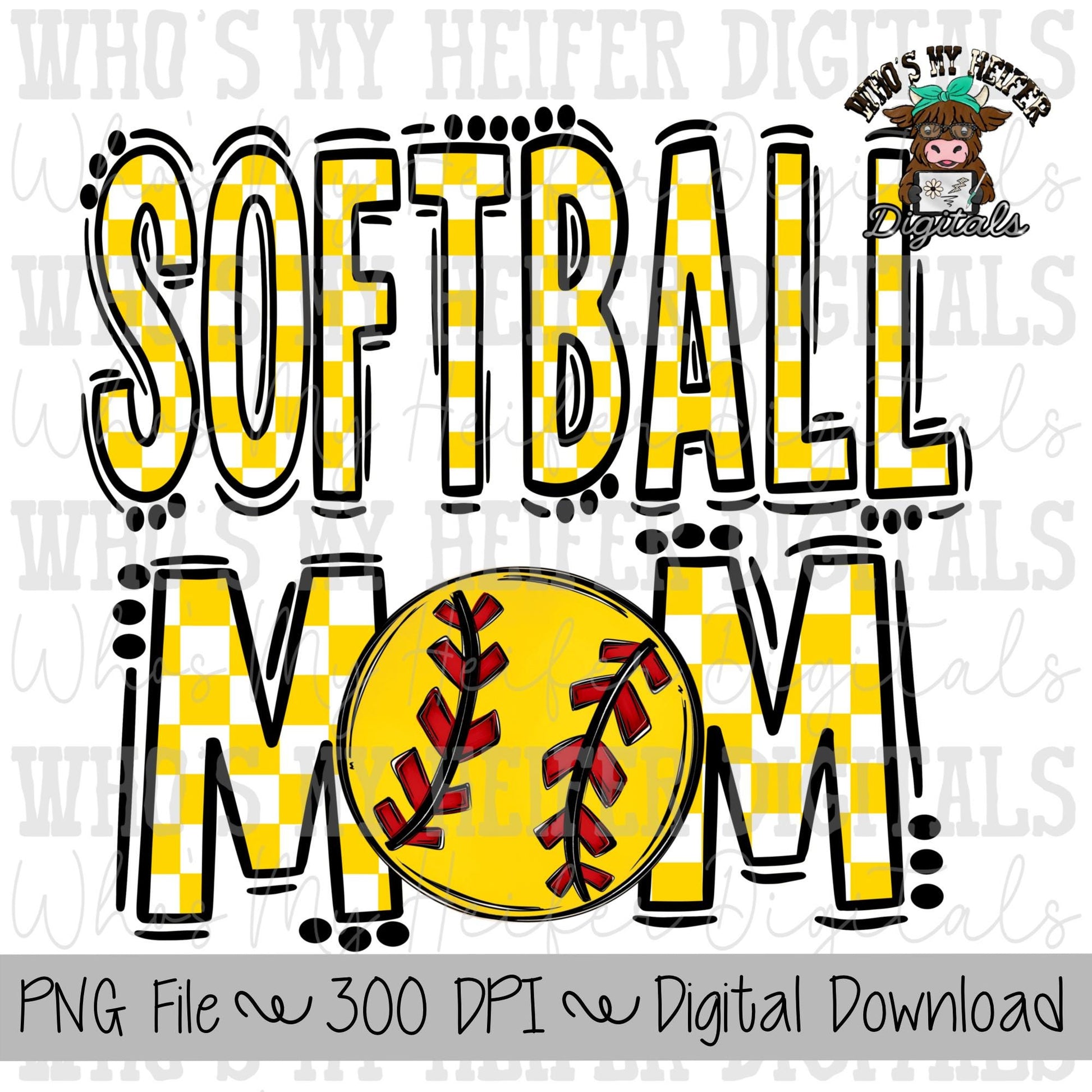 Yellow and White Softball Mom PNG Hand Drawn Softball Mom Sublimation Design Game Day Shirt Design Checkered T- Ball Mama Digital Download