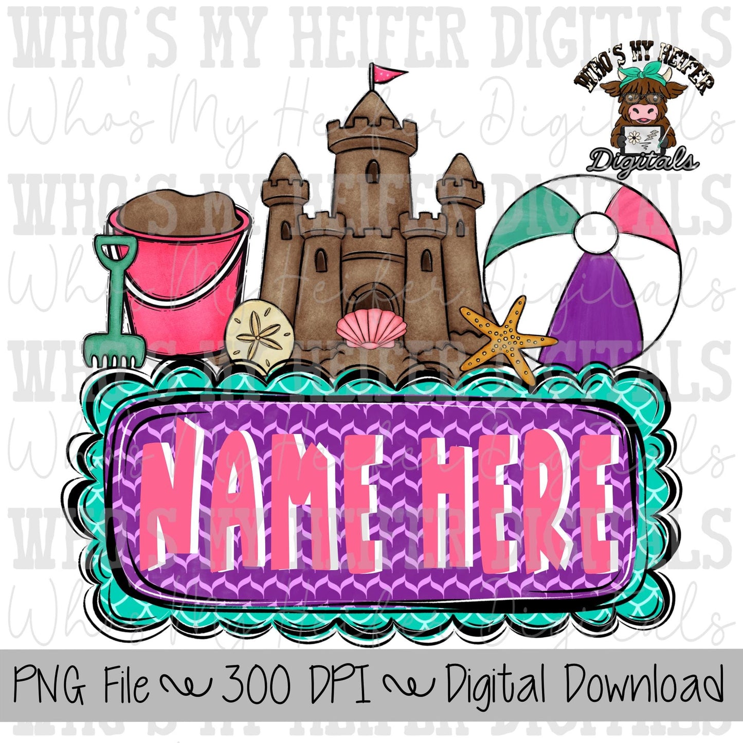 Whimsical Beach Toy Trio with Name Block Sublimation PNG Hand Drawn Sand Castle with Bucket & Ball PNG Kids Shirt Design Summer Doodle Art