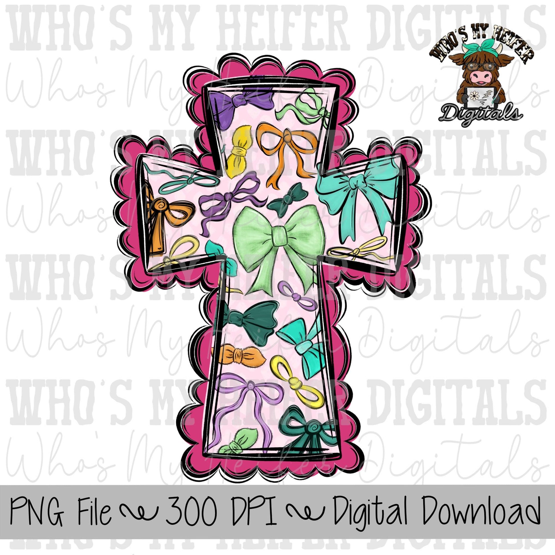 Bow Scalloped Cross Sublimation PNG Hand Drawn Cross with Bows PNG Womens Kids Shirt Design Preppy Easter Doodle Art Digital File