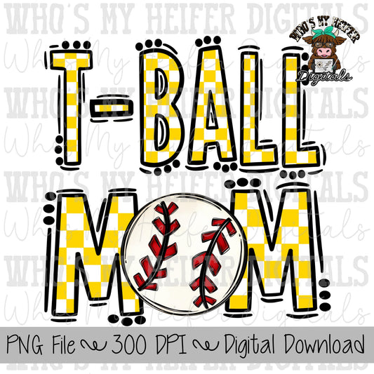 Yellow and White Tee ball Mom PNG Hand Drawn T-ball Mom Sublimation Design Game Day Shirt Design Checkered T- Ball Mama Digital Download