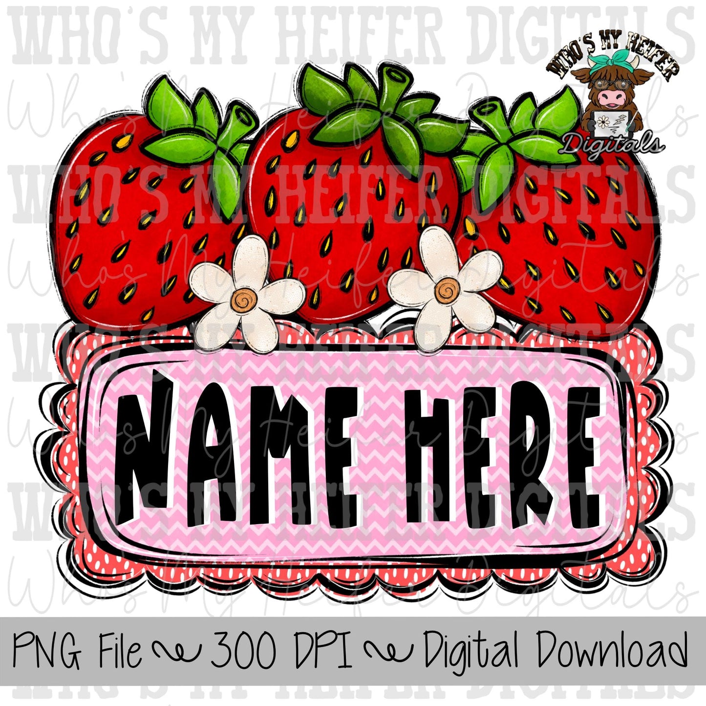 Whimsical Strawberry Trio with Name Block Sublimation PNG Hand Drawn Strawberry Blossoms PNG Kids Shirt Design Strawberry Doodle Art Scallop