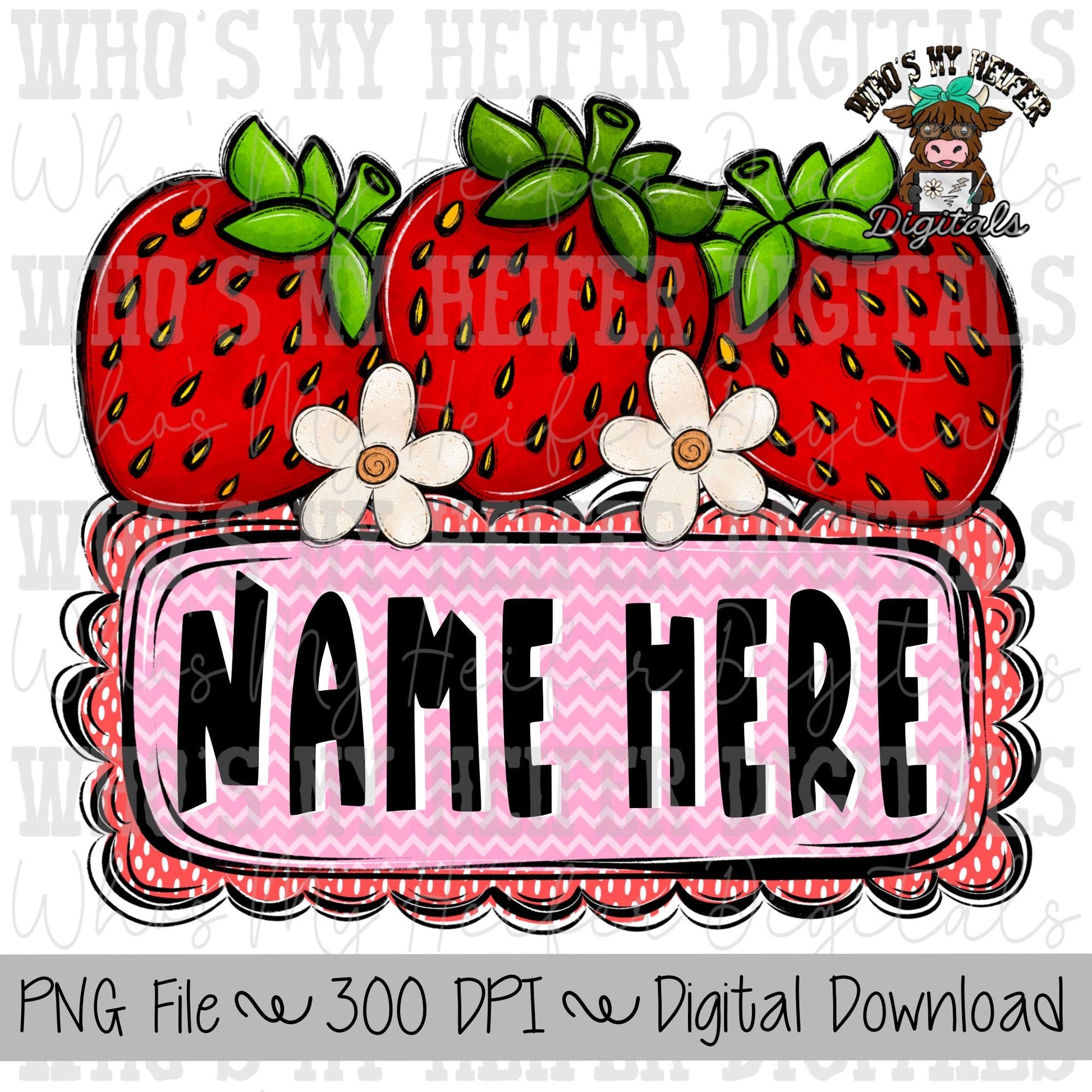 Whimsical Strawberry Trio with Name Block Sublimation PNG Hand Drawn Strawberry Blossoms PNG Kids Shirt Design Strawberry Doodle Art Scallop
