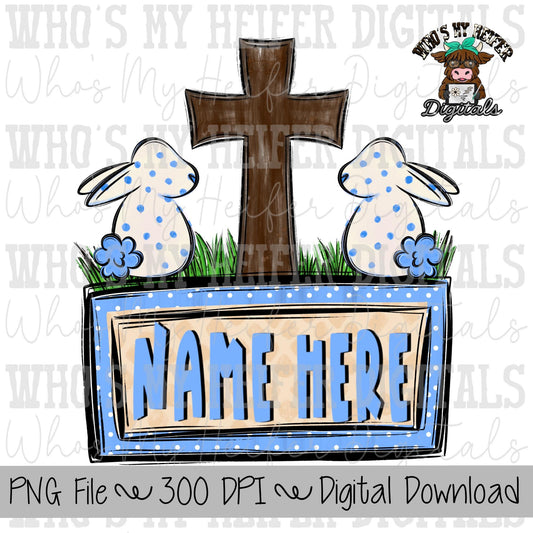 Bunny Cross with Name Block Sublimation PNG Hand Drawn Whimsical Bunnies & Cross PNG Kids Shirt Design Preppy Easter Doodle Art Digital File