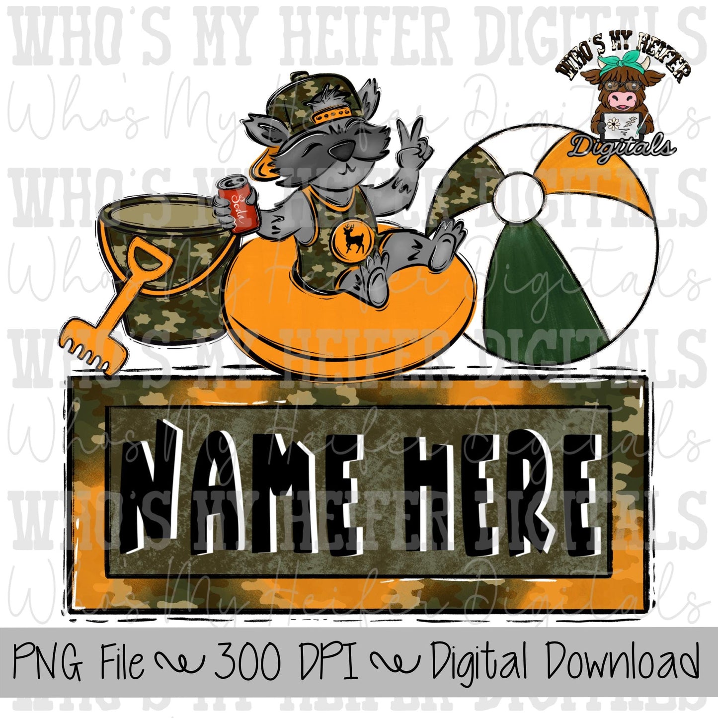 Beach Raccoon Name Block Sublimation PNG Hand Drawn Raccoon Floating, Ball & Sand Bucket PNG File Hunting Shirt Design Kids Camo Doodle Art