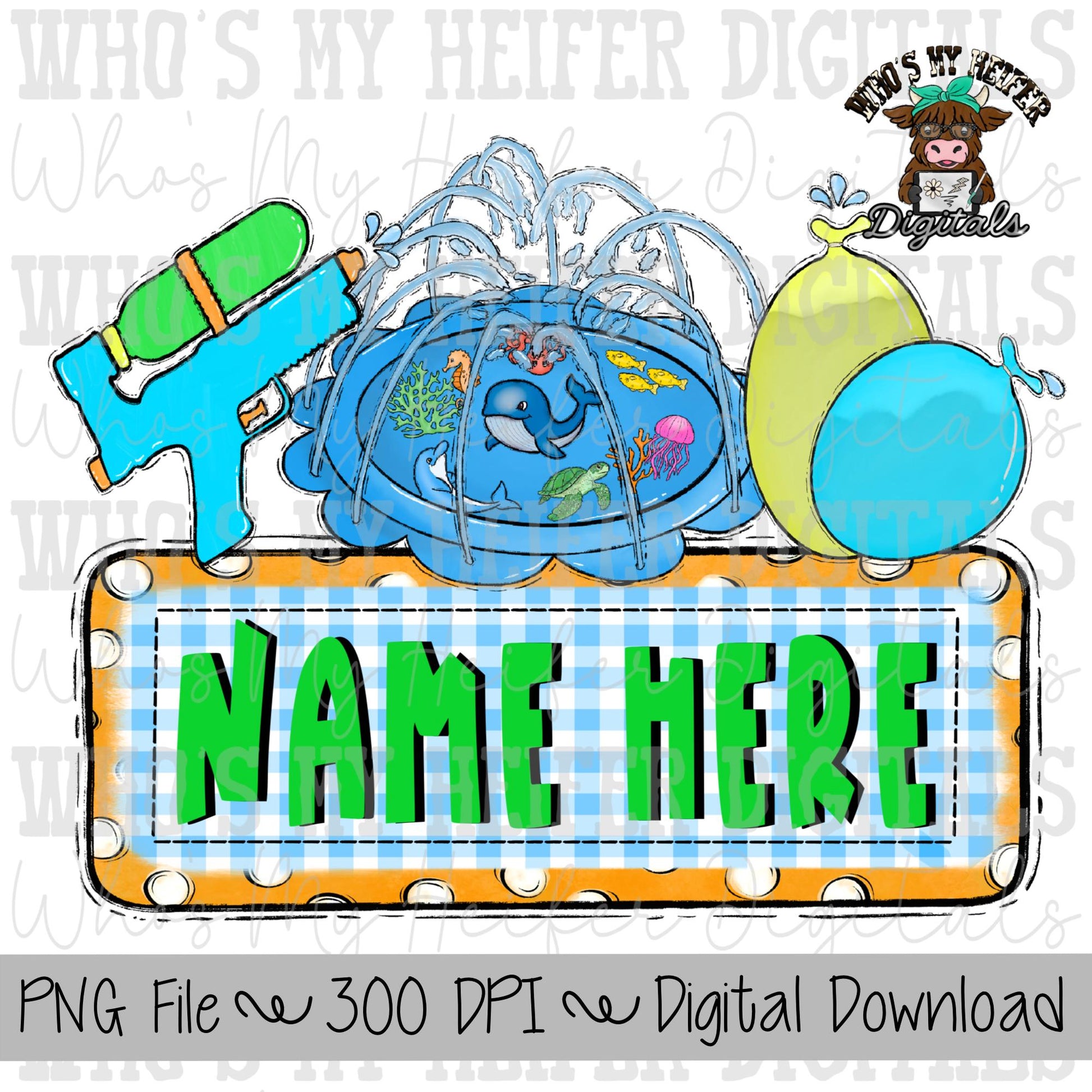 Water Toys Name Block Sublimation PNG Hand Drawn Water Balloons & Splash Pad PNG File Summer Outside Fun Shirt Design Kids Summer Doodle Art