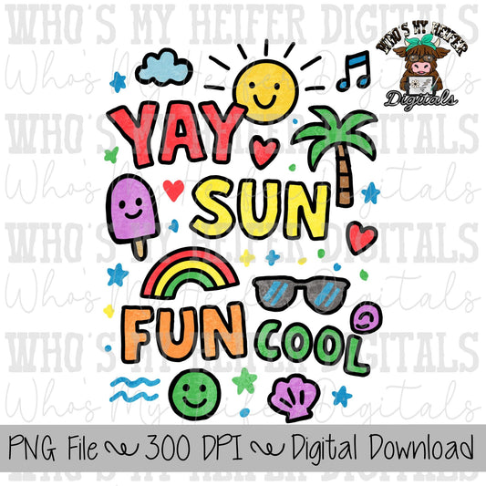 Whimsical Summer Sublimation PNG Hand Drawn Water Ice Cream & Sunglasses PNG File Summer Outside Fun Shirt Design Kids Summer Doodle Art