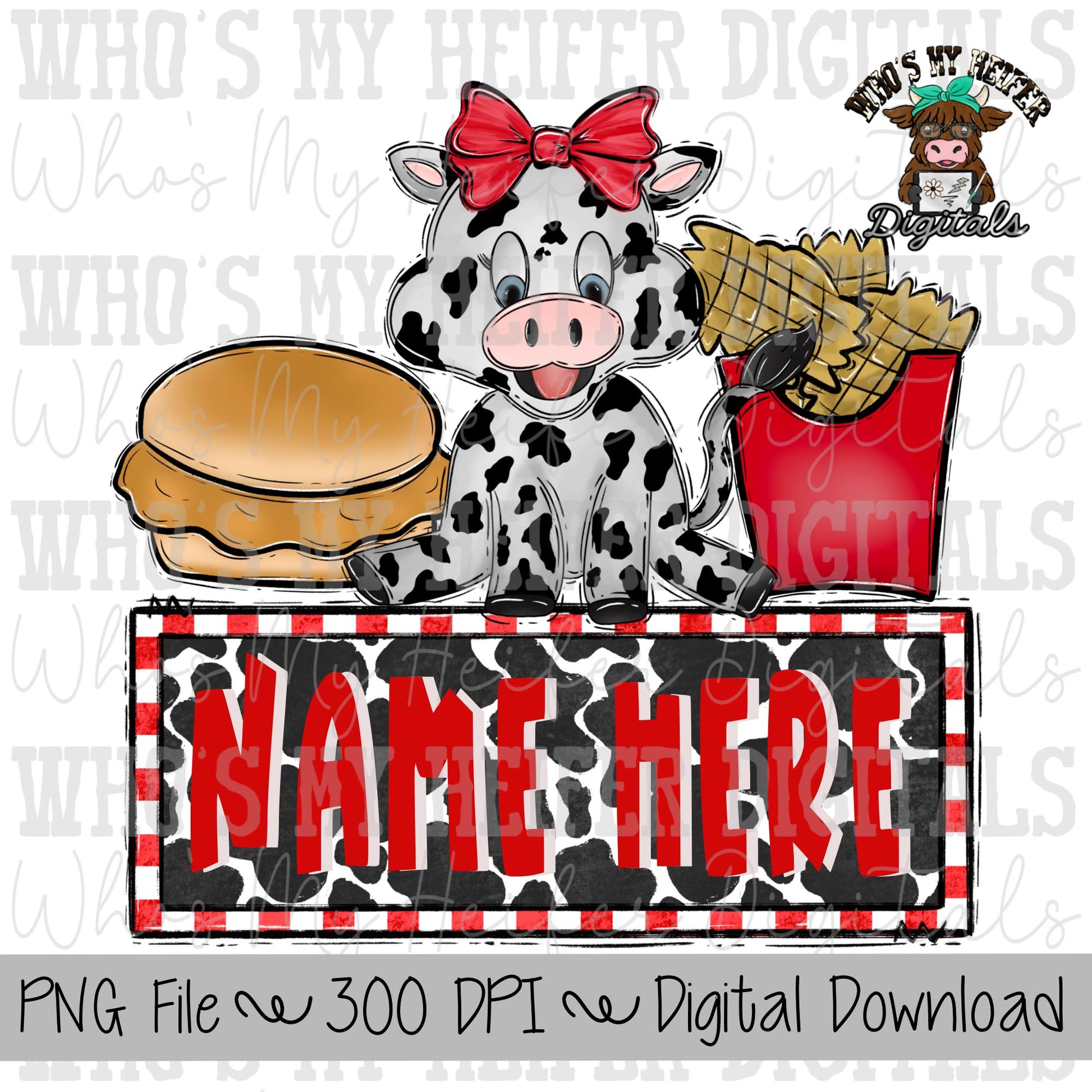 Chicken Sandwich & Cow with Name Block Sublimation PNG Hand Drawn Cow with Bow PNG Kids Shirt Design Cute Girl Cow Doodle Art Fast Food DTF
