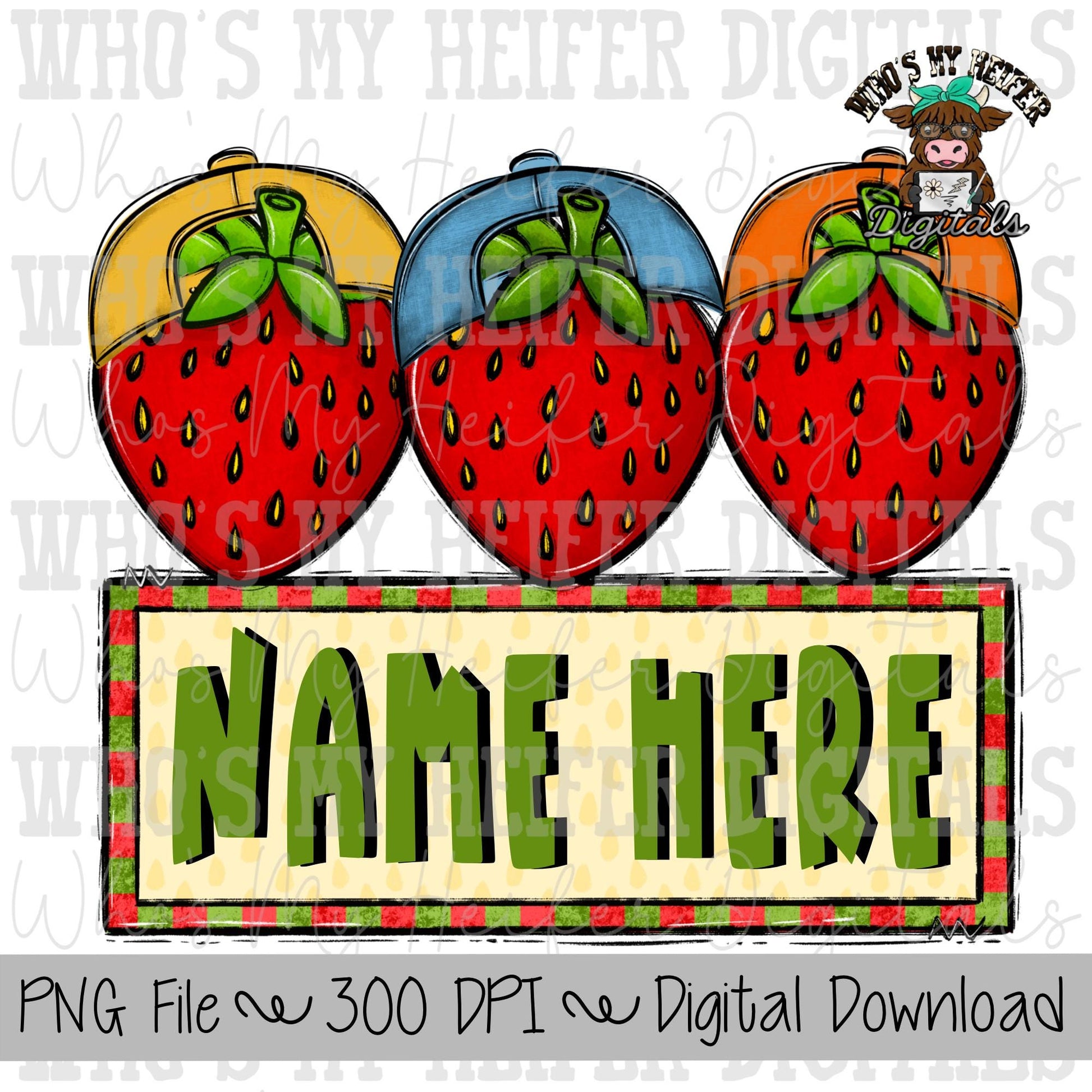 Whimsical Strawberry Trio with Name Patch Sublimation PNG Hand Drawn Strawberries with Hats PNG Kids Shirt Design Strawberry Doodle Art