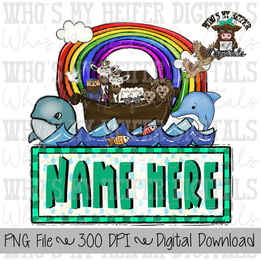Noah's Ark with Name Patch Sublimation PNG Hand Drawn Ark with Animals PNG File Boy Christian Shirt Design Religious Kids Doodle Art