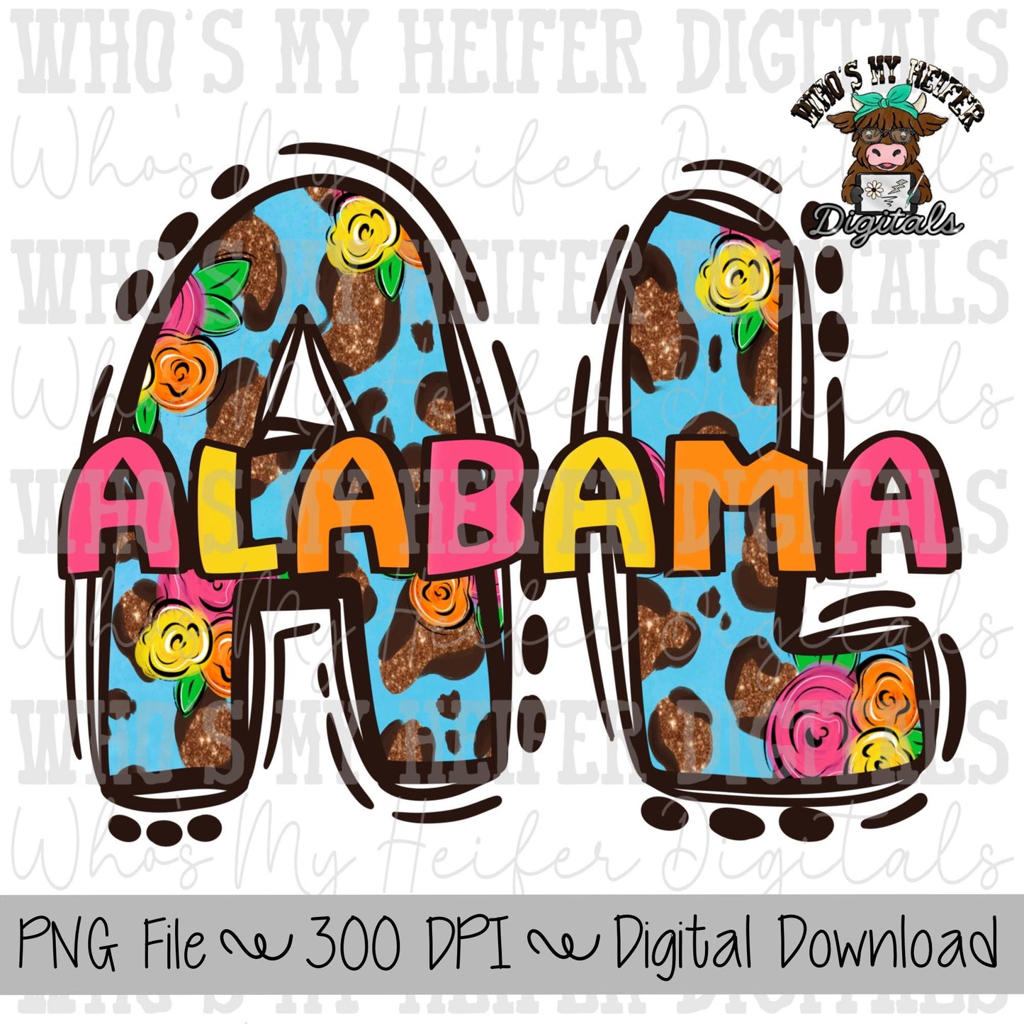 Floral Leopard AL Doodle Letters PNG Hand Drawn Alabama with Flowers & Glitter Sublimation PNG Women's Summer Shirt Design Alabama Doodle