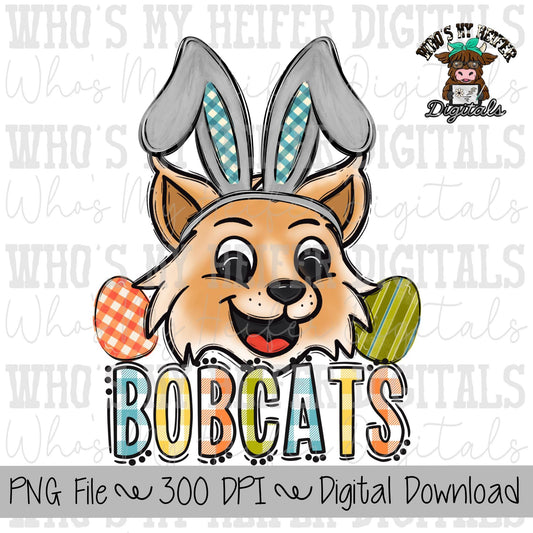 Easter Bobcats PNG Hand Drawn Bobcats with Bunny Ears Sublimation PNG Game Day Shirt Design School Spirit PNG Plaid Bobcat Doodle Art