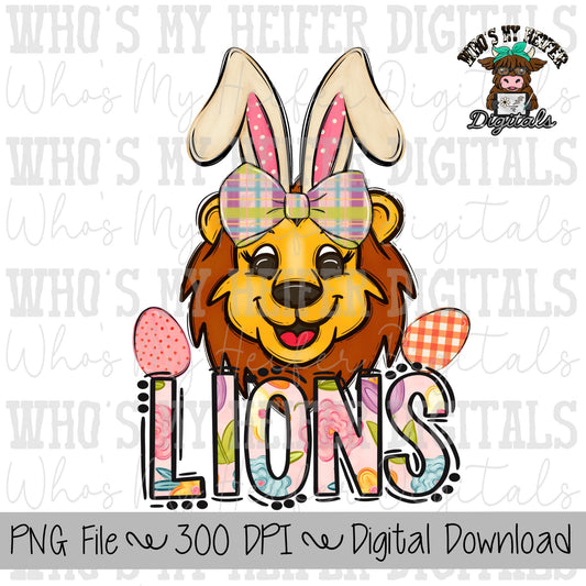 Easter Lions PNG Hand Drawn Lions with Bow & Bunny Ears Sublimation PNG Game Day Shirt Design School Spirit PNG Flowers Lion Doodle Art