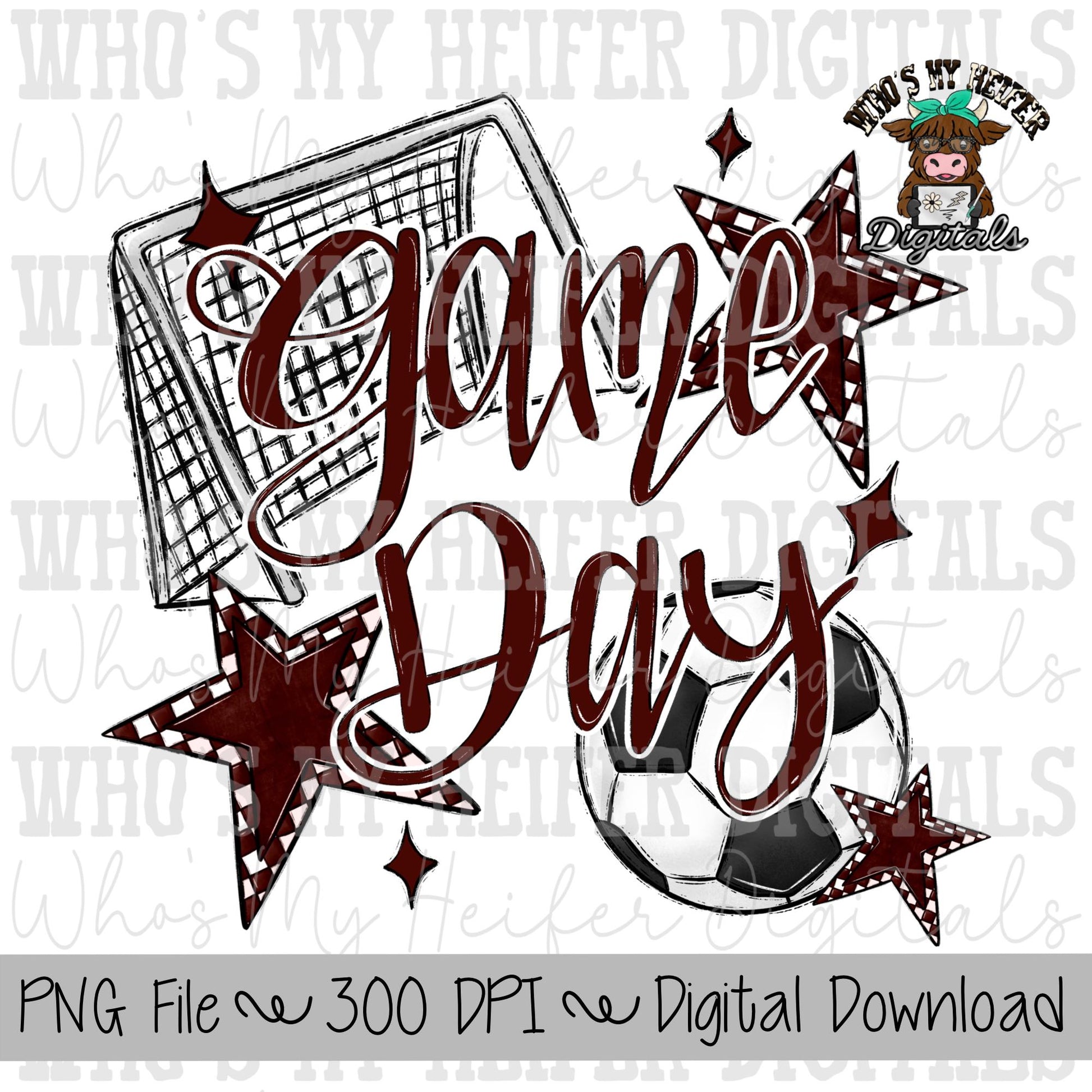 Game Day Soccer PNG Hand Drawn Soccer Ball & Net Sublimation PNG Retro Game Day Shirt Design Maroon Checkered Stars Clipart