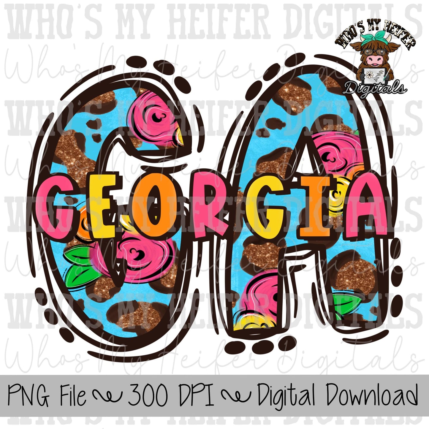 Floral Leopard GA Doodle Letters PNG Hand Drawn Georgia with Flowers & Glitter Sublimation PNG Women's Summer Shirt Design State Doodle