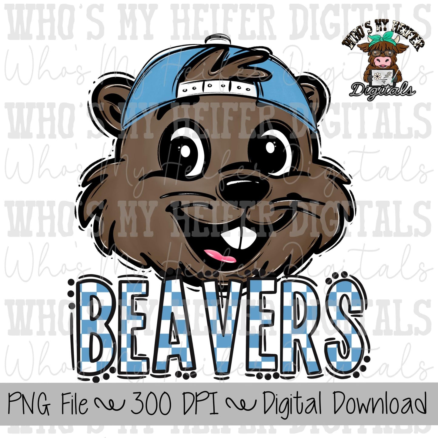 Light Blue & White Beaver PNG Hand Drawn Beaver with Hat Sublimation PNG Game Day Shirt Design School Spirit Checkered Beavers Doodle Art