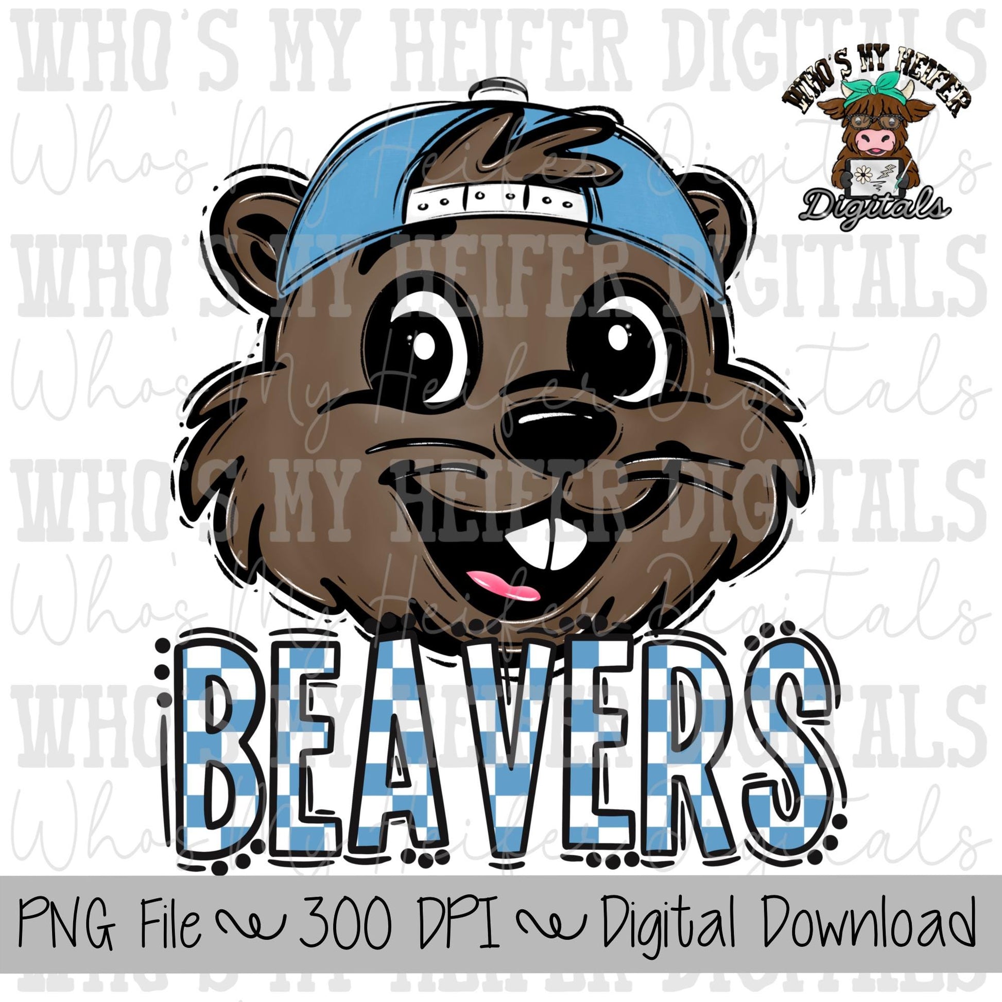 Light Blue & White Beaver PNG Hand Drawn Beaver with Hat Sublimation PNG Game Day Shirt Design School Spirit Checkered Beavers Doodle Art