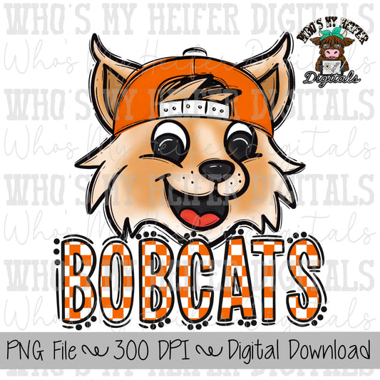 Orange & White Bobcats PNG Hand Drawn Bobcats with Hat Sublimation PNG Game Day Shirt Design School Spirit PNG Checkered Bobcat Doodle Art