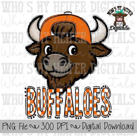 Orange & White Buffalo PNG Hand Drawn Buffalo with Hat Sublimation PNG Game Day Shirt Designs School Spirit PNG Checkered Buffaloes Doodle