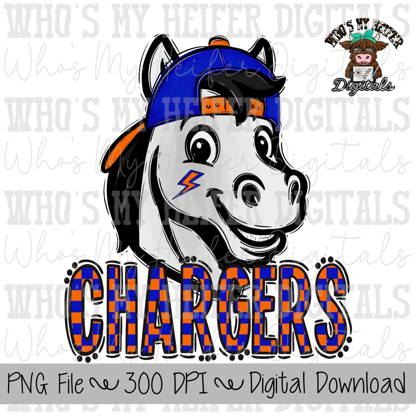 Orange & Blue Chargers PNG Hand Drawn Chargers with Hat Sublimation PNG Game Day Shirt Design School Spirit PNG Checkered Mascot Doodle Art
