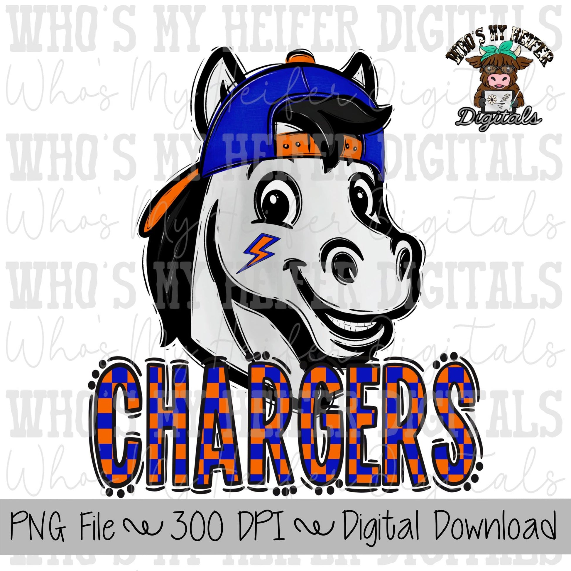 Orange & Blue Chargers PNG Hand Drawn Chargers with Hat Sublimation PNG Game Day Shirt Design School Spirit PNG Checkered Mascot Doodle Art