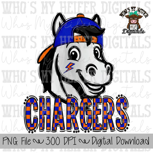 Orange & Blue Chargers PNG Hand Drawn Chargers with Hat Sublimation PNG Game Day Shirt Design School Spirit PNG Checkered Mascot Doodle Art