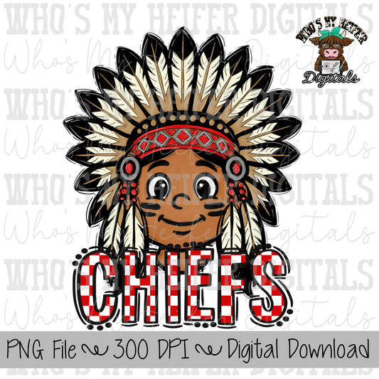 Red & White Chiefs PNG Hand Drawn Chief with Headdress Sublimation PNG Game Day Shirt Design School Spirit Checkered Chiefs Kid Mascot
