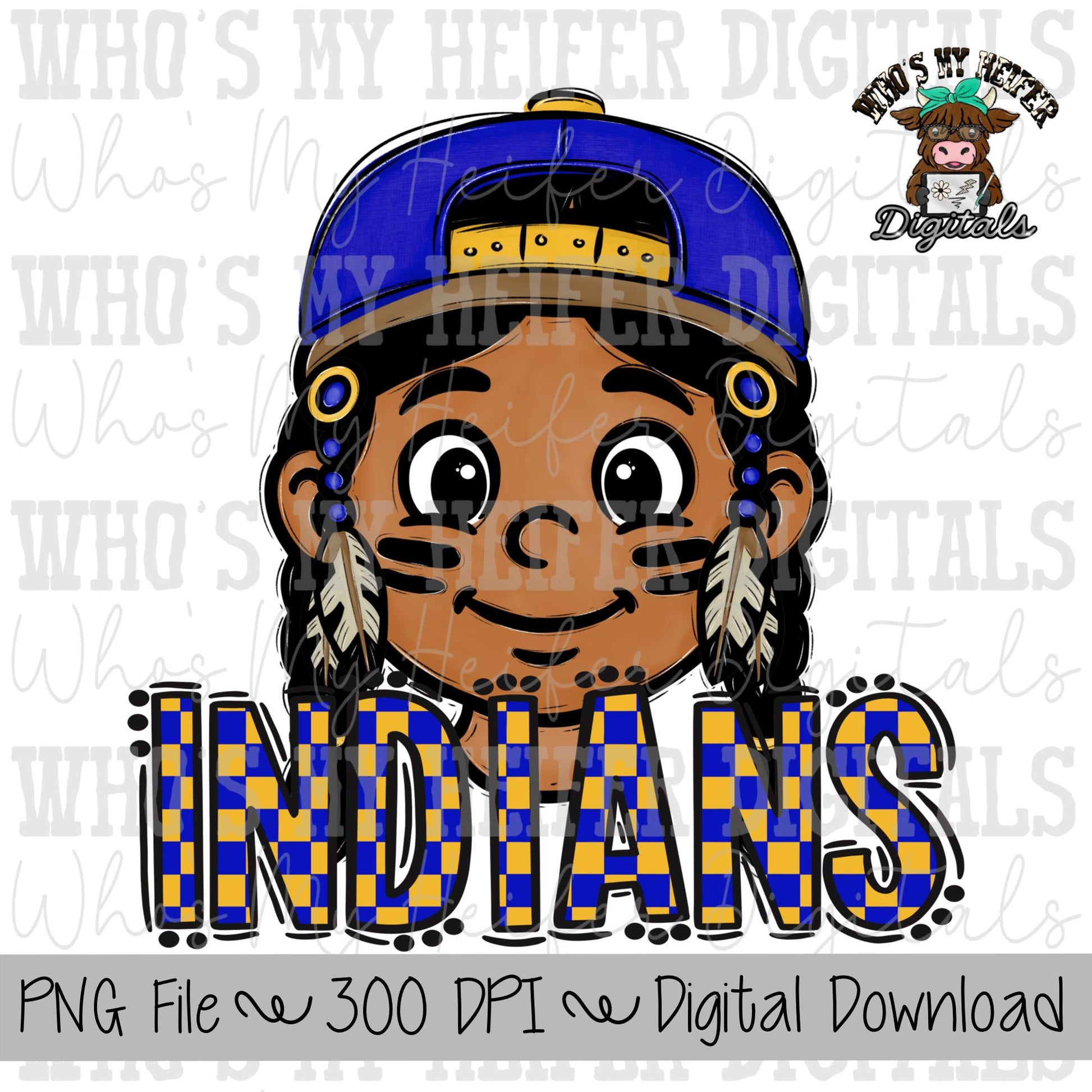 Blue & Yellow Indians PNG Hand Drawn Indian with Hat Sublimation PNG Game Day Shirt Design School Spirit Checkered Indian Kid Mascot