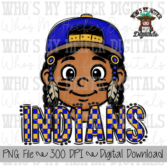 Blue & Yellow Indians PNG Hand Drawn Indian with Hat Sublimation PNG Game Day Shirt Design School Spirit Checkered Indian Kid Mascot