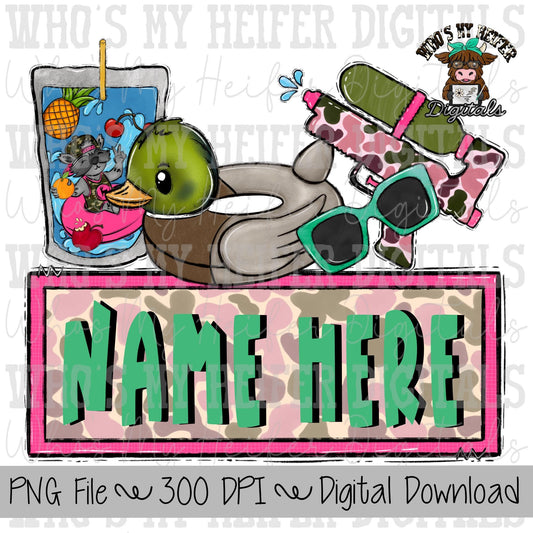 Camo Summer Fun Name Block Sublimation PNG Hand Drawn Water Toy, Sunglasses & Duck Float PNG File River Life Shirt Design Kids Summer Doodle