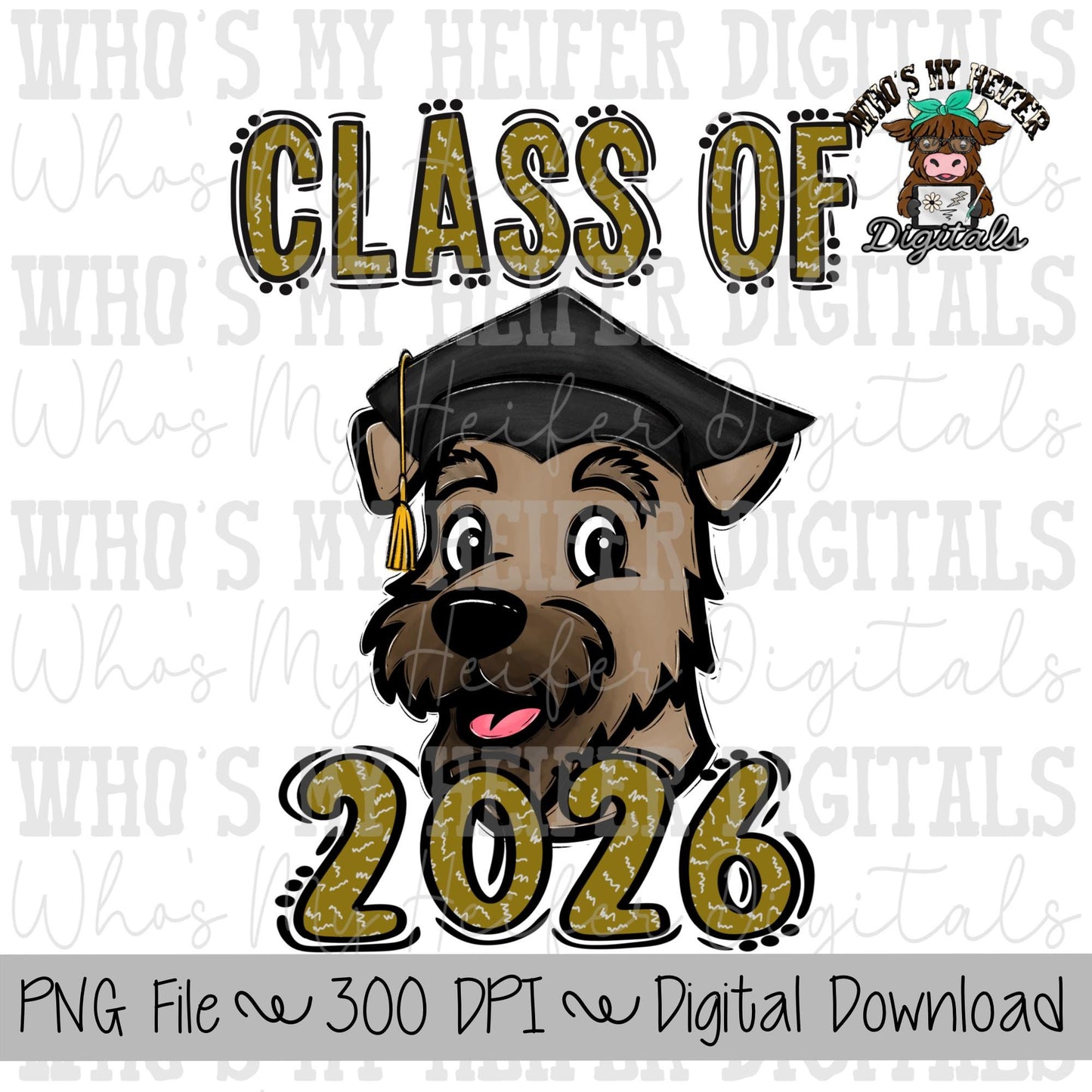 Graduate Airedale PNG Hand Drawn Airedale with Grad Cap & 2026 Sublimation PNG Game Day Shirt Design School Spirit Airedale Kids Mascot
