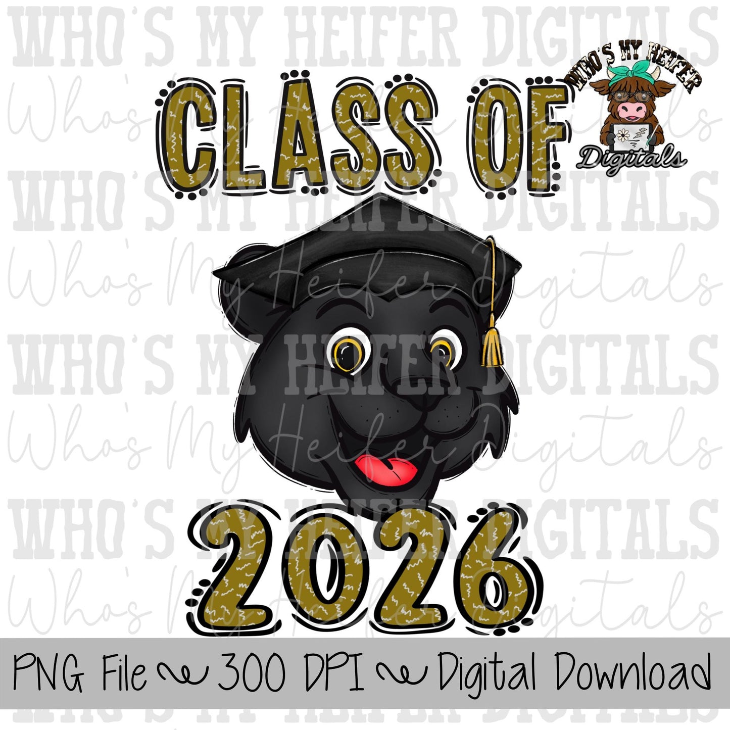 Graduate Panther PNG Hand Drawn Black Cat with Grad Cap & 2026 Sublimation PNG Game Day Shirt Design School Spirit Panther Kids Mascot
