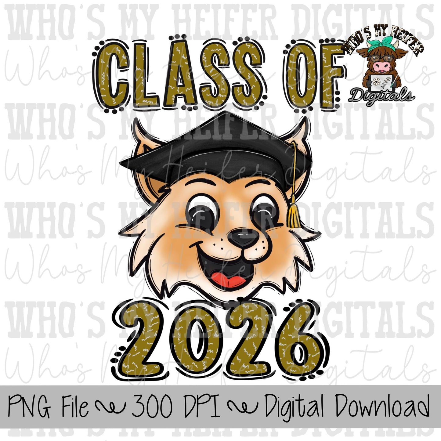 Graduate Wildcat PNG Hand Drawn Bobcat with Grad Cap & 2026 Sublimation PNG Game Day Shirt Design School Spirit Wildcat Kids Mascot