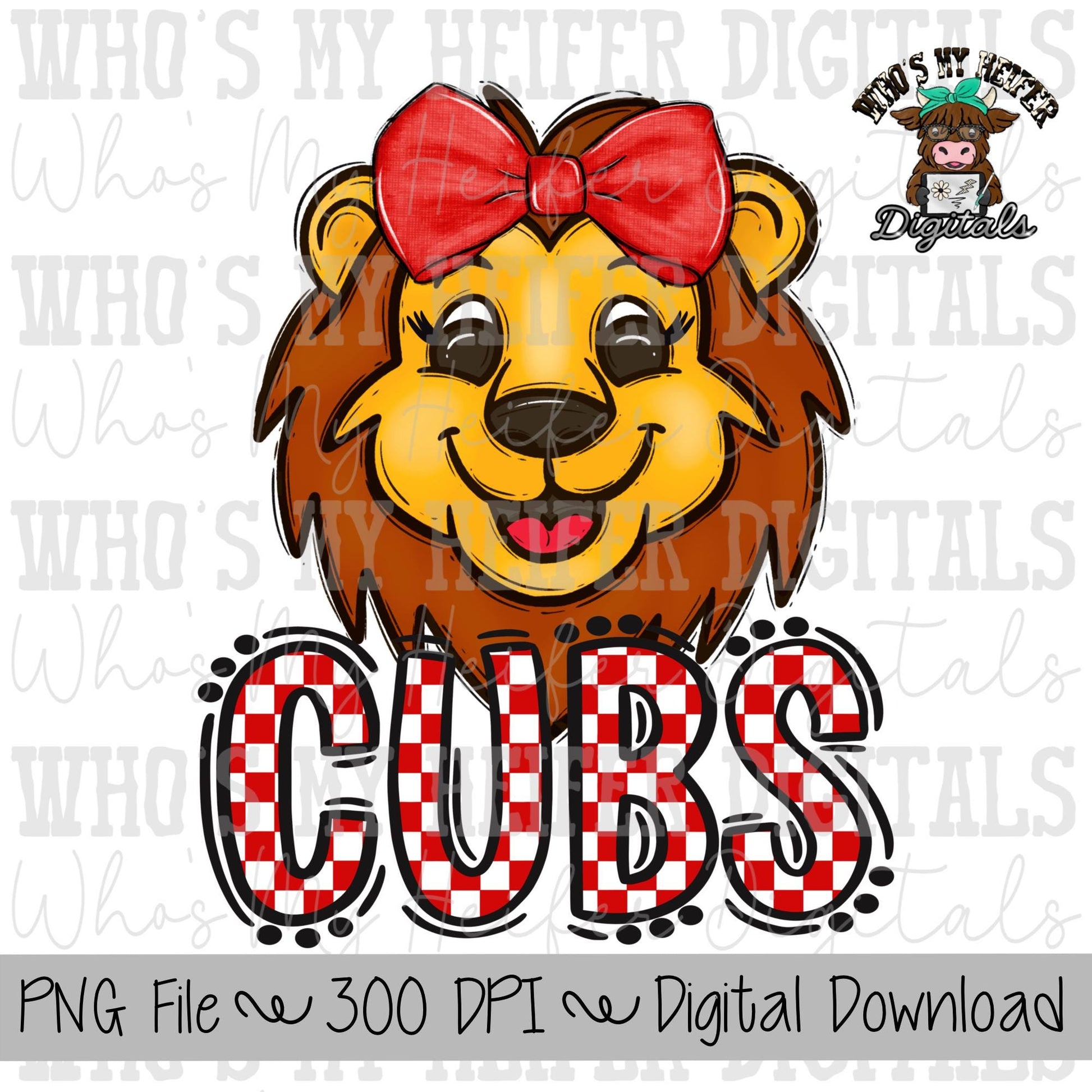 Red & White Cub PNG Hand Drawn Cub with Bow Sublimation PNG Game Day Shirt Designs School Spirit PNG Checkered Cubs Doodle Art