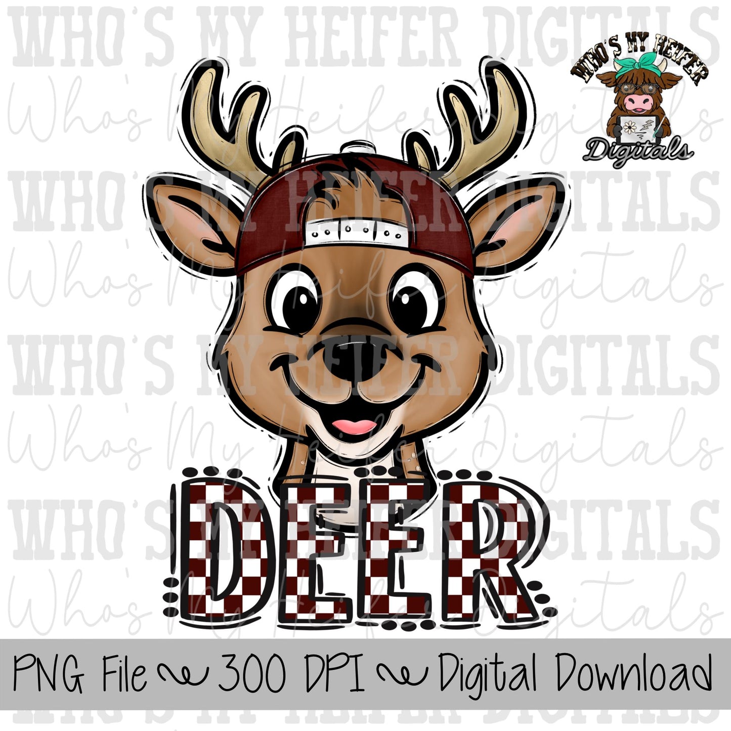 Maroon & White Deer PNG Hand Drawn Deer with Hat Sublimation PNG Game Day Shirt Design School Spirit Checkered Deer Kid Mascot