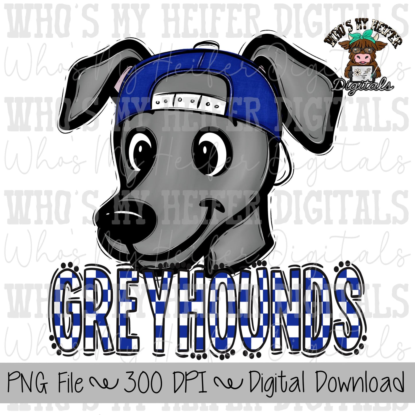 Blue & White Greyhounds PNG Hand Drawn Greyhound with Hat Sublimation PNG Game Day Shirt Design School Spirit Checkered Greyhound Kid Mascot