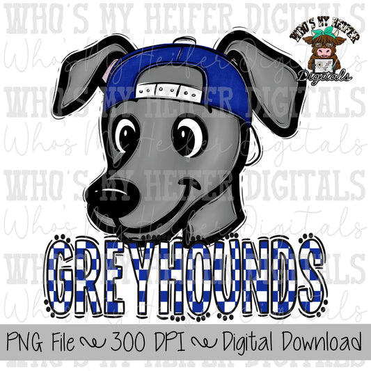 Blue & White Greyhounds PNG Hand Drawn Greyhound with Hat Sublimation PNG Game Day Shirt Design School Spirit Checkered Greyhound Kid Mascot