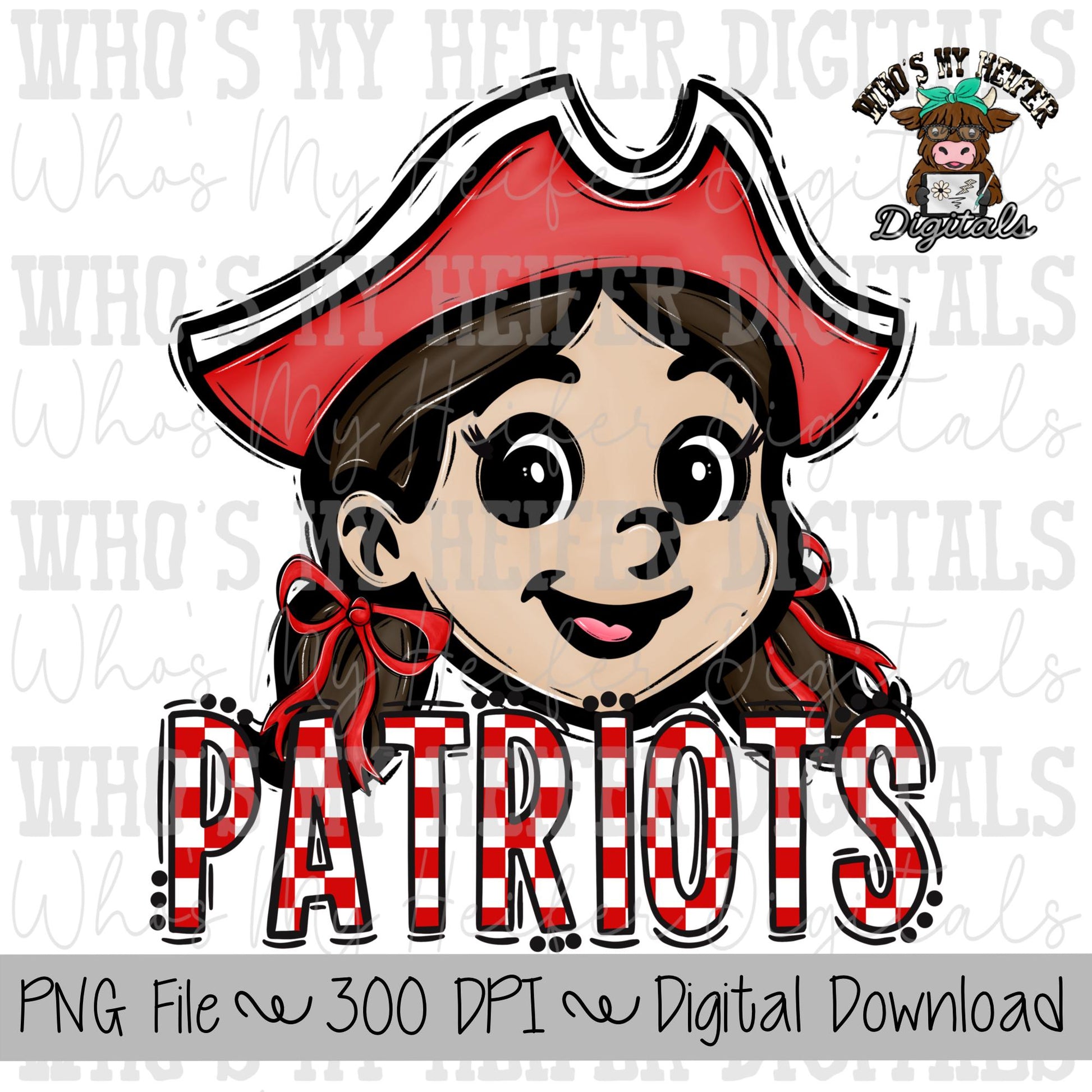 Red & White Patriots PNG Hand Drawn Patriot with Bow Sublimation PNG Game Day Shirt Design School Spirit PNG Checkered Patriot Doodle Art