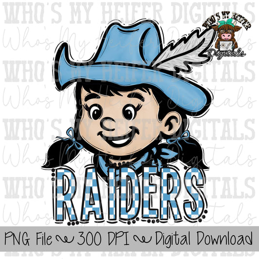 Light Blue & White Raider PNG Hand Drawn Raider with Bow Sublimation PNG Game Day Shirt Design School Spirit PNG Checkered Raiders Doodle