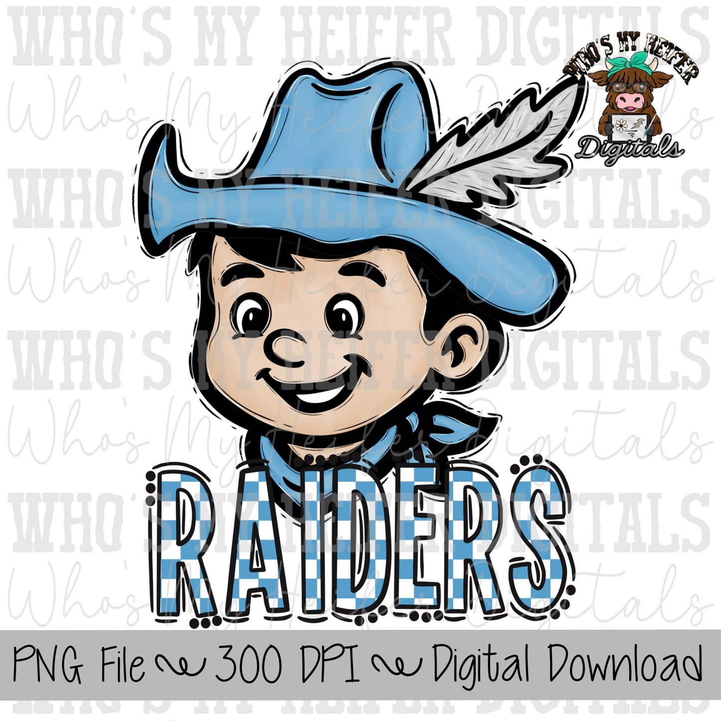 Light Blue & White Raider PNG Hand Drawn Raider with Hat Sublimation PNG Game Day Shirt Design School Spirit PNG Checkered Raiders Doodle
