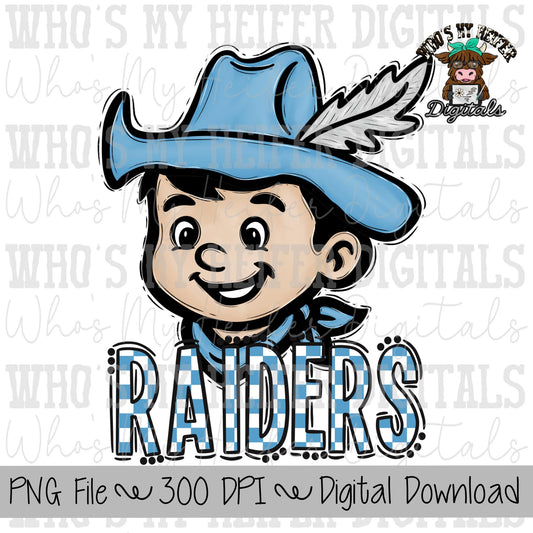 Light Blue & White Raider PNG Hand Drawn Raider with Hat Sublimation PNG Game Day Shirt Design School Spirit PNG Checkered Raiders Doodle