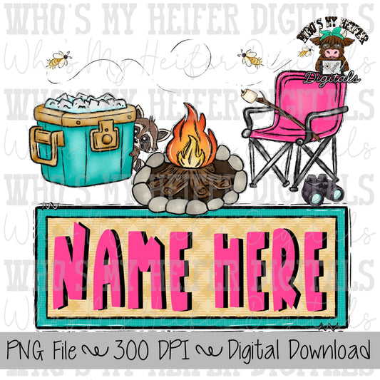 Whimsical Camping Trio with Name Patch PNG File Hand Drawn Campfire, Chair & Cooler Clipart Kids Camping Sublimation Shirt Designs