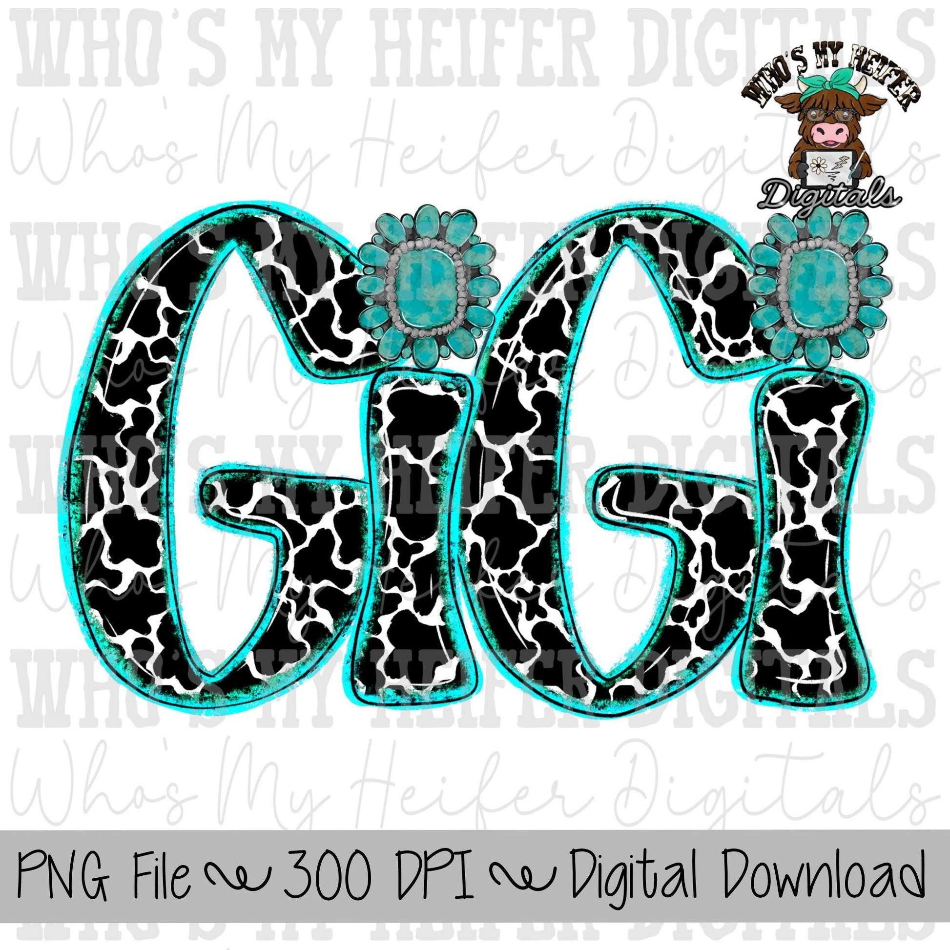 Cow Print Gigi PNG Hand Drawn Cowhide Gigi with Turquoise Jewelry Sublimation PNG Mother's Day Shirt Design Cute Western Grandma Doodle Art