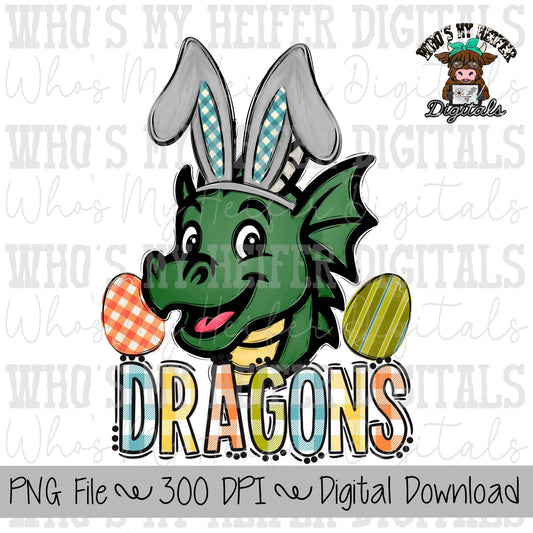 Easter Dragons PNG Hand Drawn Dragon with Bunny Ears Sublimation PNG Game Day Shirt Designs School Spirit PNG Holiday Dragon Doodle Art