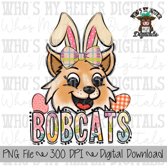 Easter Bobcats PNG Hand Drawn Bobcats with Bunny Ears & Bow Sublimation PNG Game Day Shirt Design School Spirit PNG Flowers Bobcat Doodle