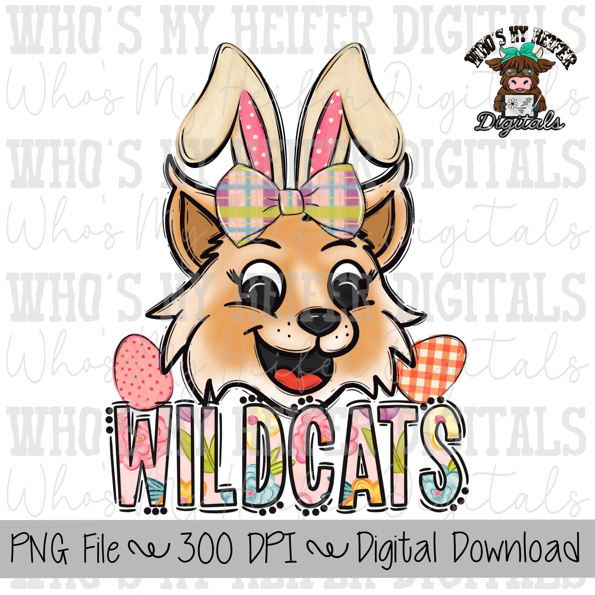 Easter Wildcat PNG Hand Drawn Wildcat with Bow & Bunny Ears Sublimation PNG Game Day Shirt Designs School Spirit PNG Flowers Wildcats Doodle