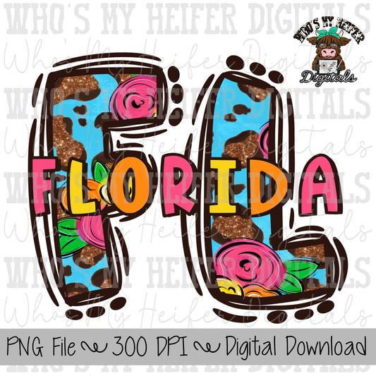 Floral Leopard FL Doodle Letters PNG Hand Drawn Florida with Flowers & Glitter Sublimation PNG Women's Summer Shirt Design State Doodle
