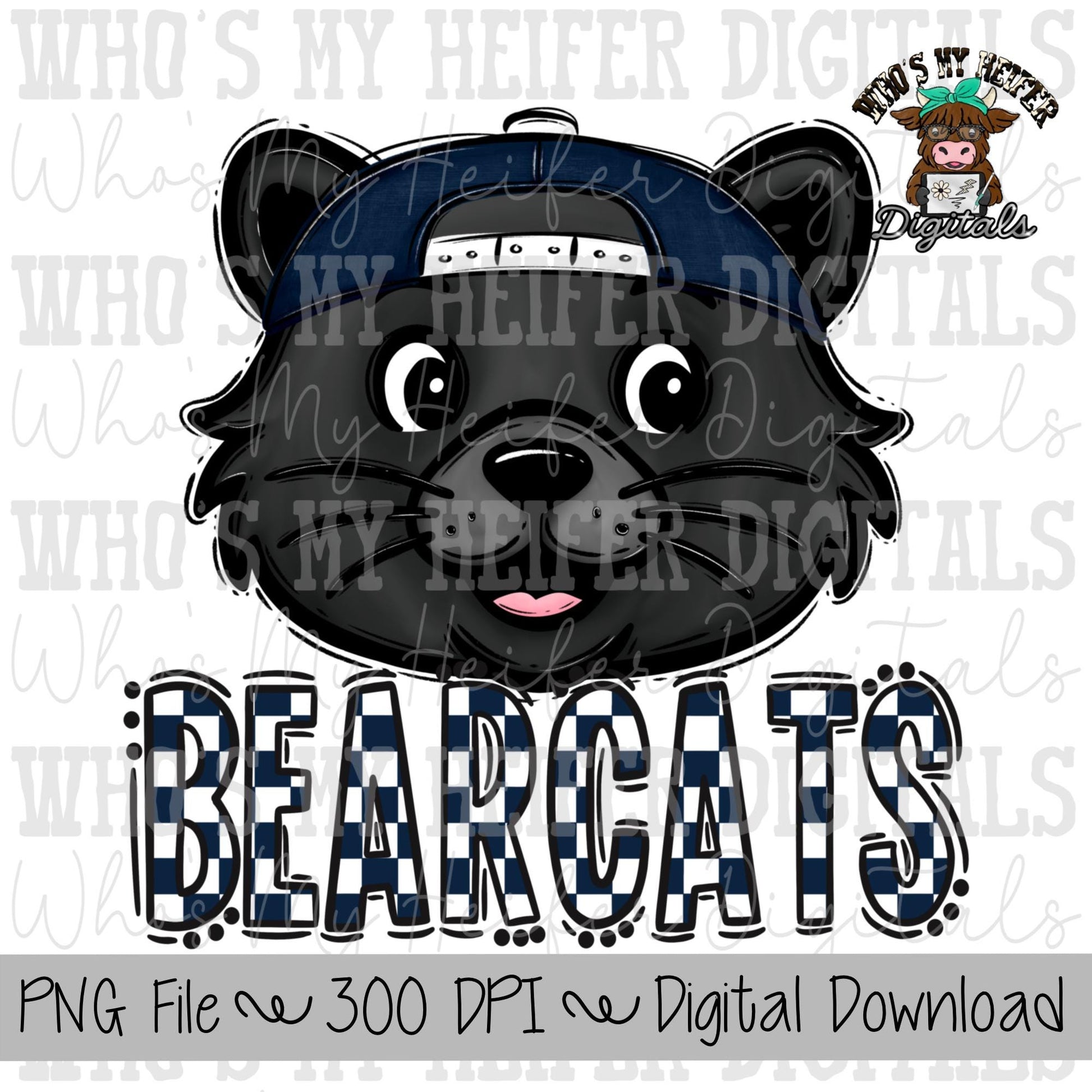Navy & White Bearcats PNG Hand Drawn Bearcat with Hat Sublimation PNG Game Day Shirt Design School Spirit Checkered Bearcats Doodle Art