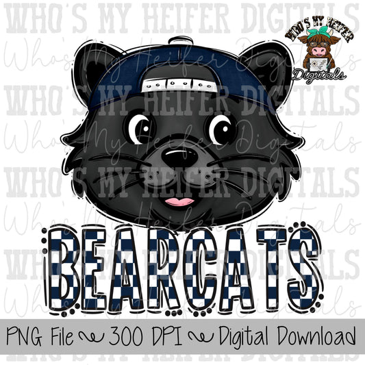 Navy & White Bearcats PNG Hand Drawn Bearcat with Hat Sublimation PNG Game Day Shirt Design School Spirit Checkered Bearcats Doodle Art